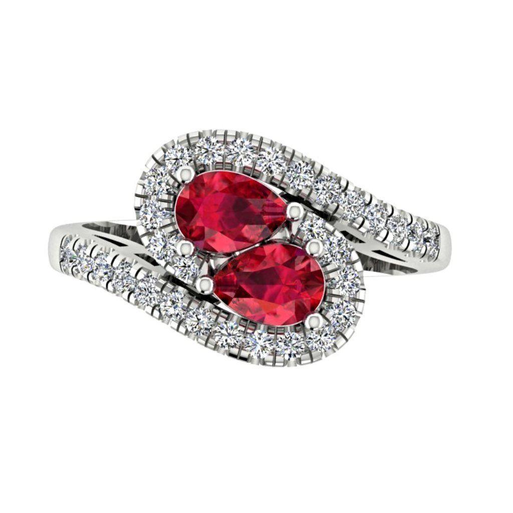 Twin Pear Rubies Diamond Ring 14K Gold Wave Band - Thenetjeweler