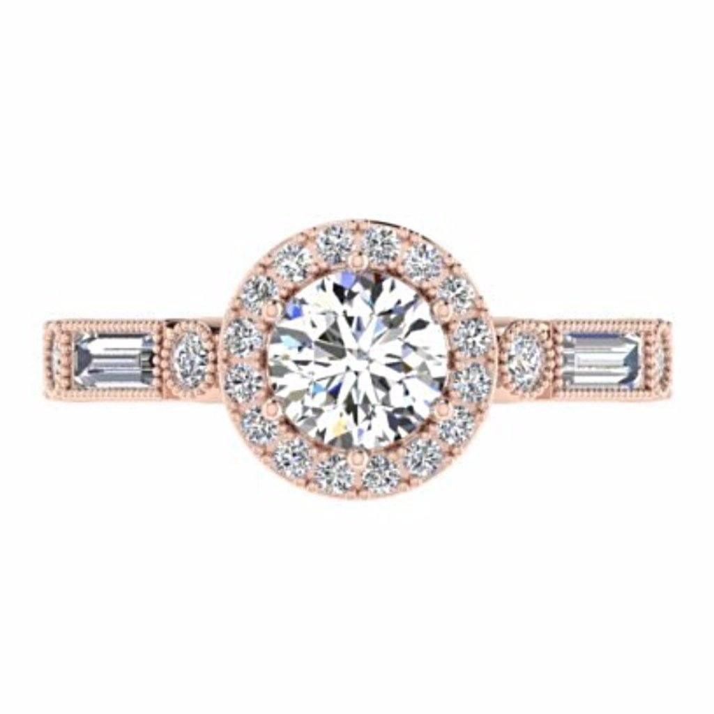 Round Diamond Halo Engagement Ring with Baguette Side Stones 18K Gold - Thenetjeweler