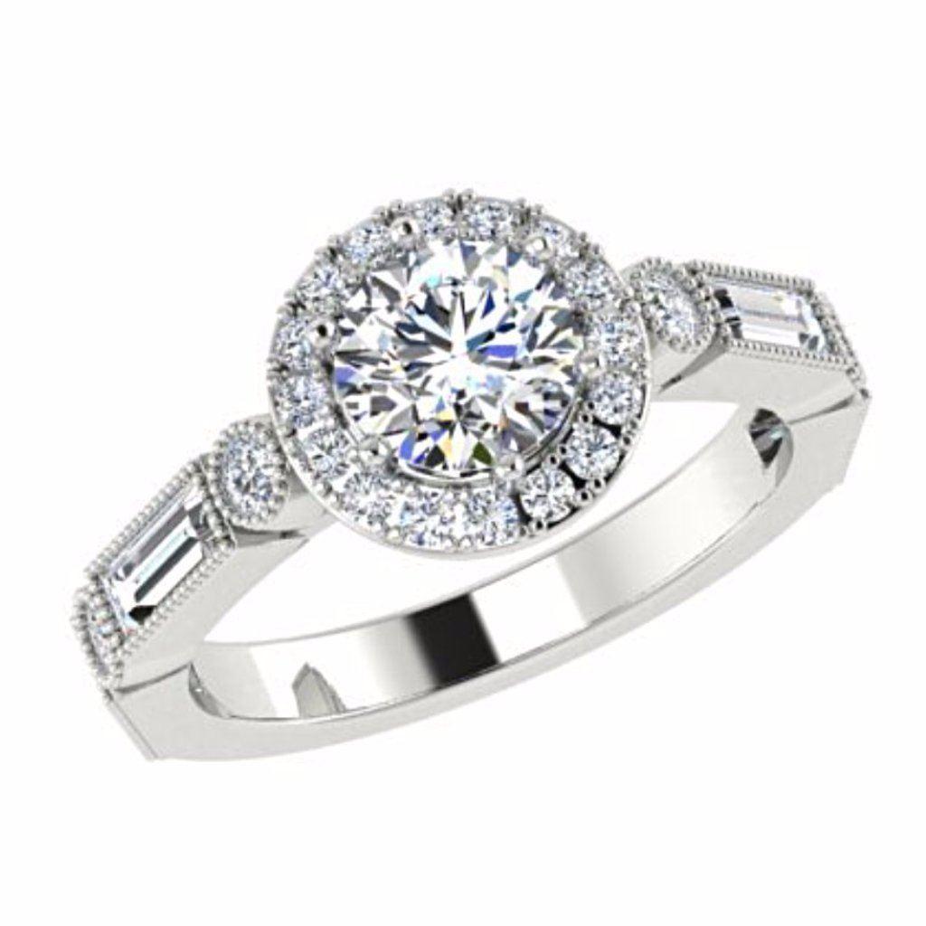 Round Diamond Halo Engagement Ring with Baguette Side Stones 18K Gold - Thenetjeweler