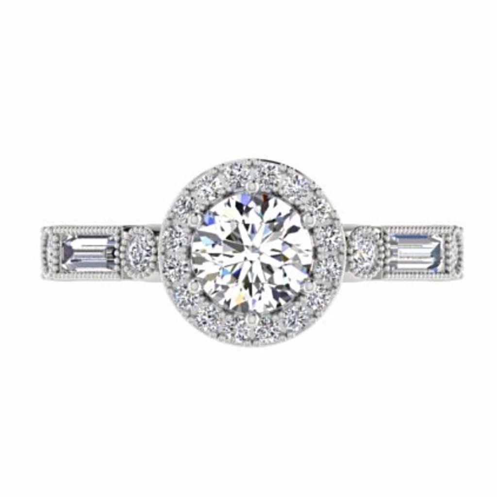 Round Diamond Halo Engagement Ring with Baguette Side Stones 18K Gold - Thenetjeweler