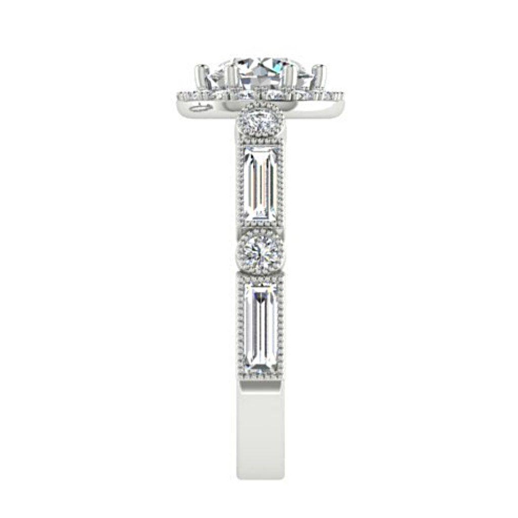 Round Diamond Halo Engagement Ring with Baguette Side Stones 18K Gold - Thenetjeweler