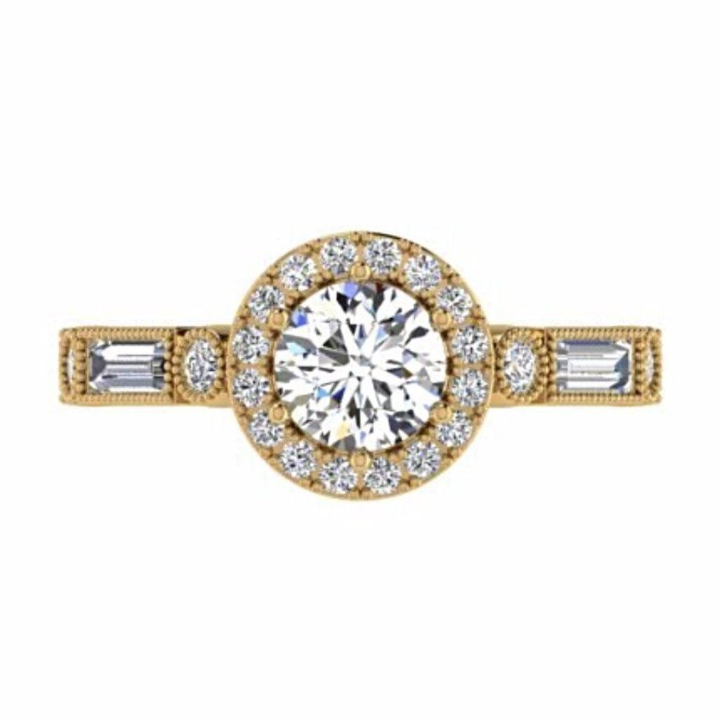 Round Diamond Halo Engagement Ring with Baguette Side Stones 18K Gold - Thenetjeweler