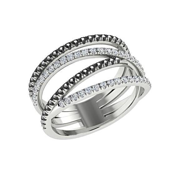 Black and White Diamonds Wide Ring 14K White Gold Crisscross Band - Thenetjeweler