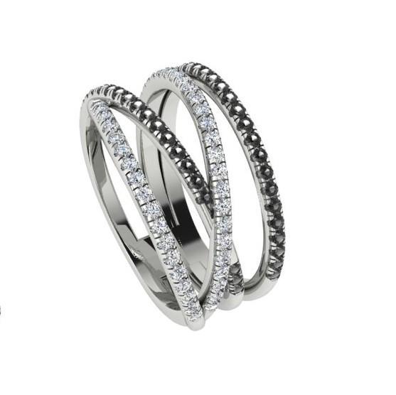 Black and White Diamonds Wide Ring 14K White Gold Crisscross Band - Thenetjeweler