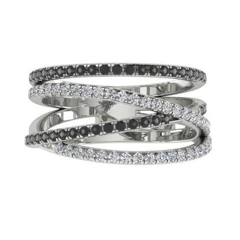Black and White Diamonds Wide Ring 14K White Gold Crisscross Band - Thenetjeweler