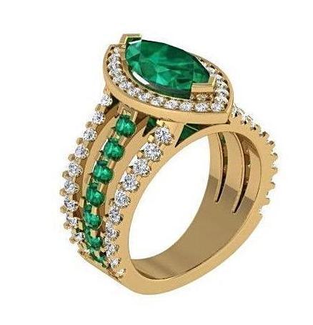 Marquise Diamond and Emerald Ring 18K Yellow Gold - Thenetjeweler