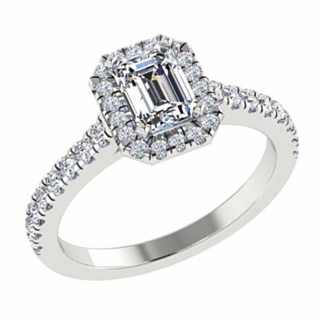 Emerald Cut Diamond Halo Engagement Ring with Side Stones 18K Gold - Thenetjeweler