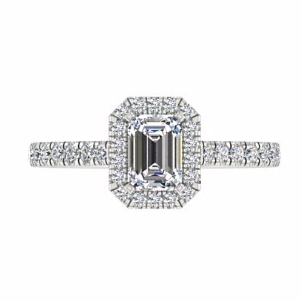Emerald Cut Diamond Halo Engagement Ring with Side Stones 18K Gold - Thenetjeweler