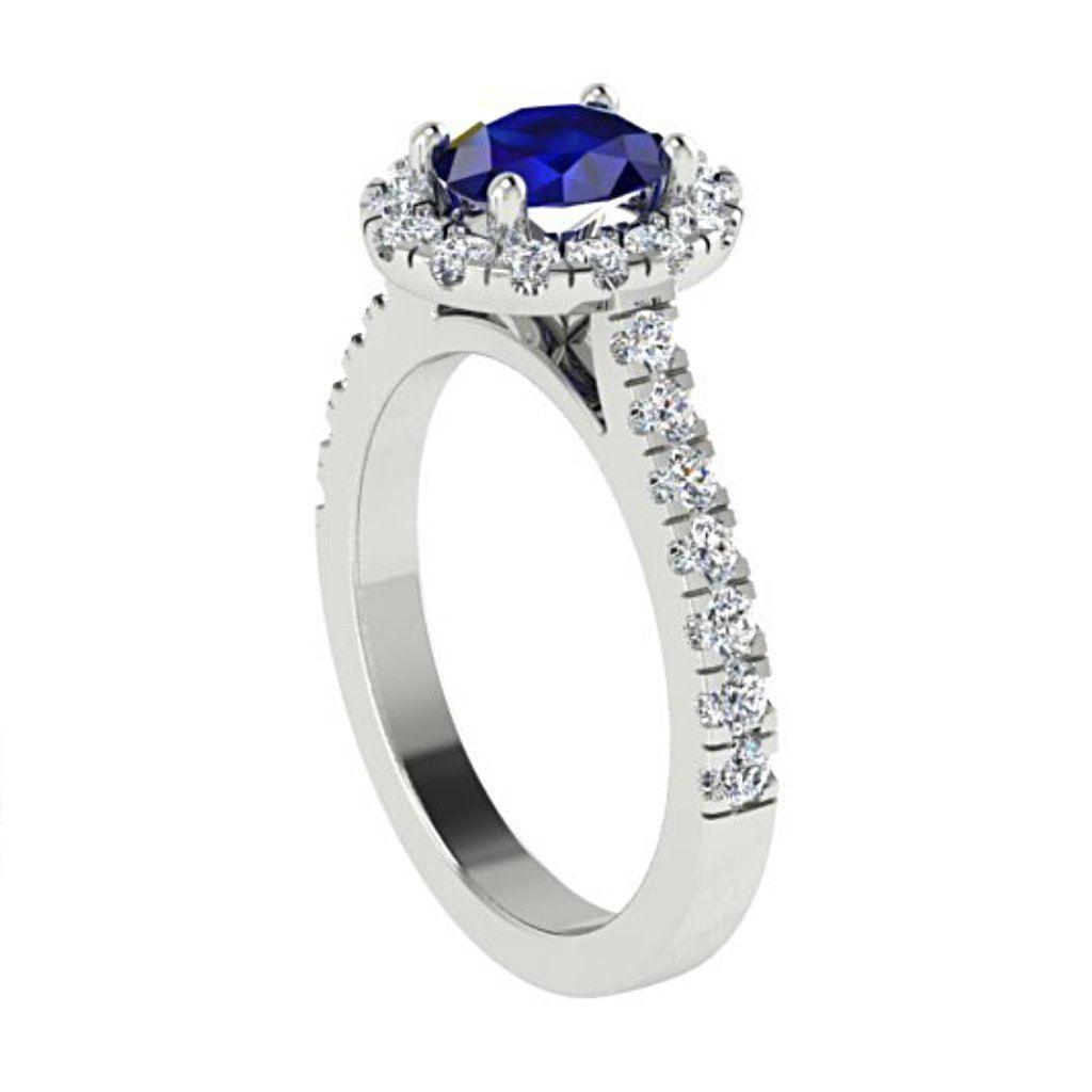 Oval Sapphire Halo Diamond Ring with Side Stones 18K White Gold - Thenetjeweler