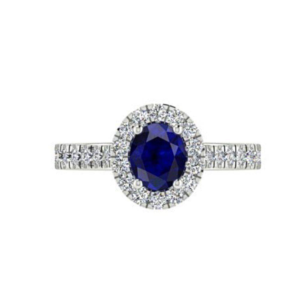 Oval Sapphire Halo Diamond Ring with Side Stones 18K White Gold - Thenetjeweler