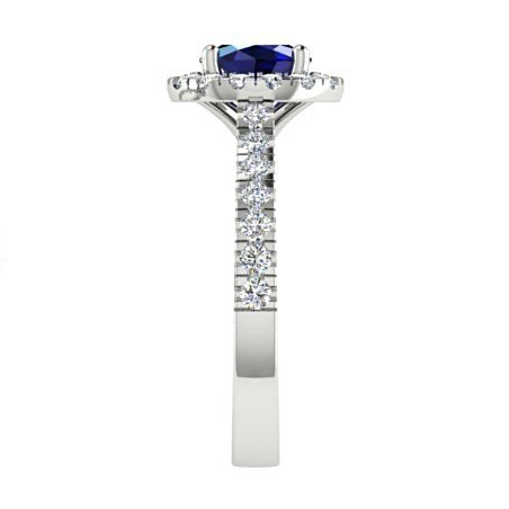 Oval Sapphire Halo Diamond Ring with Side Stones 18K White Gold - Thenetjeweler