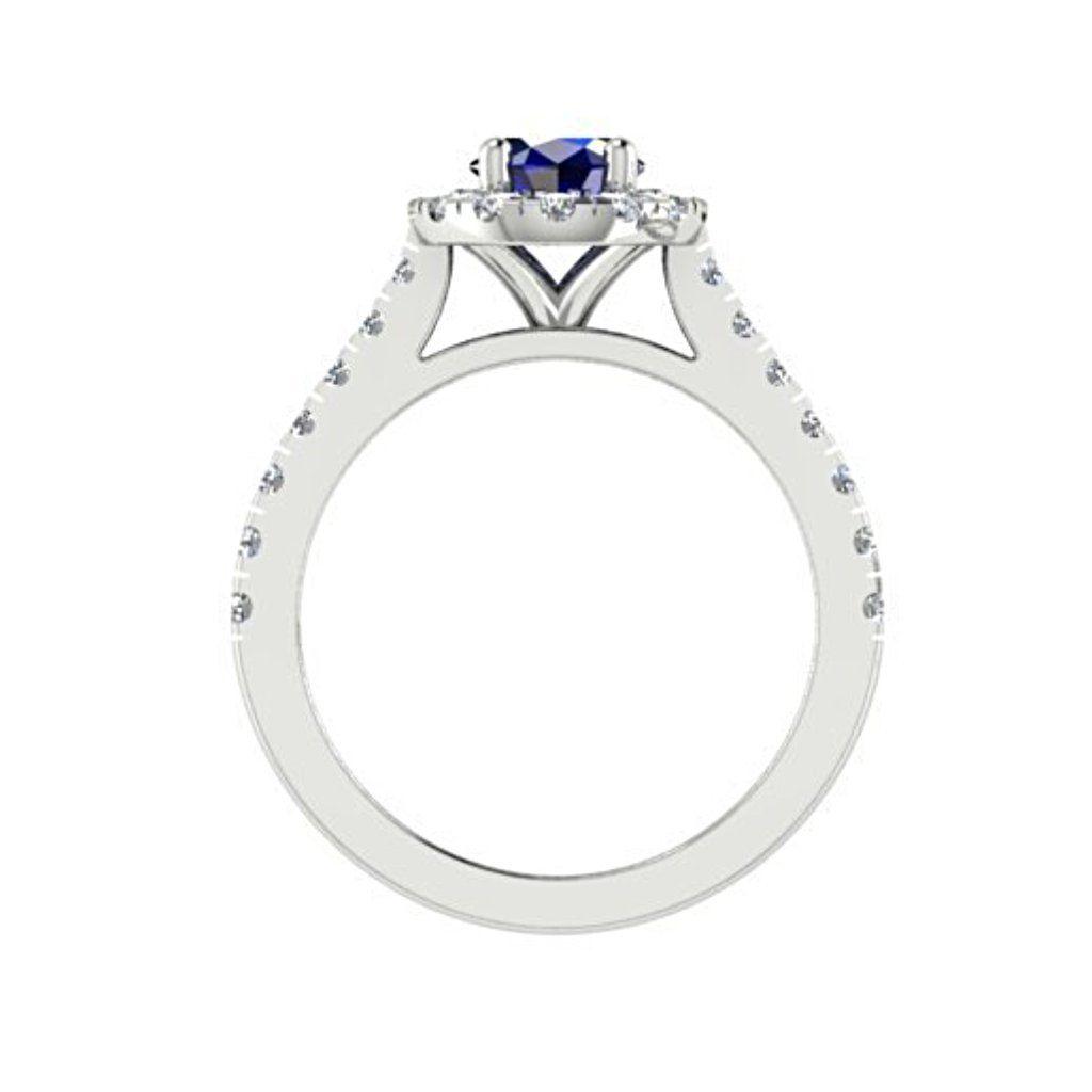 Oval Sapphire Halo Diamond Ring with Side Stones 18K White Gold - Thenetjeweler