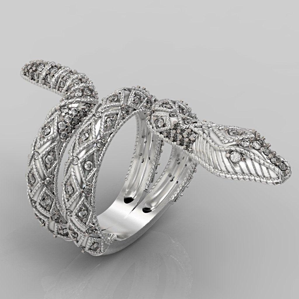 Black Diamond Snake Ring 14K White Gold - Thenetjeweler