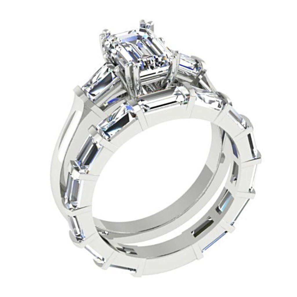 Diamond Baguette Wedding Band and Emerald Cut Engagement Ring Set - Thenetjeweler