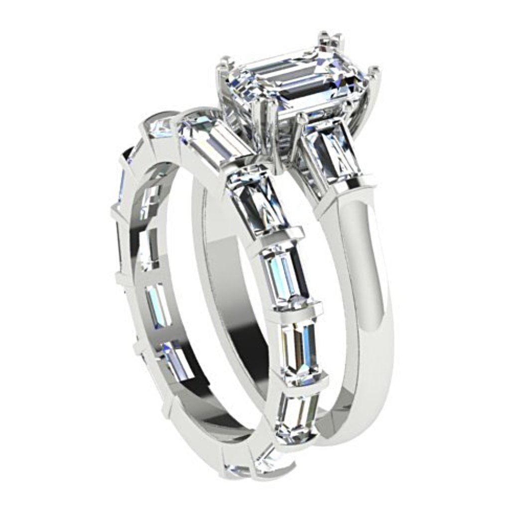 Diamond Baguette Wedding Band and Emerald Cut Engagement Ring Set - Thenetjeweler