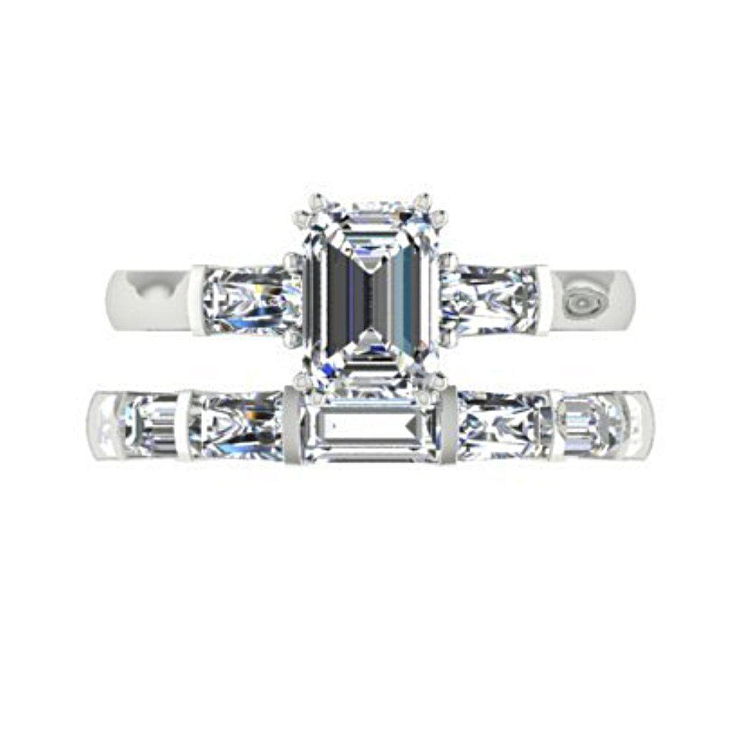 Diamond Baguette Wedding Band and Emerald Cut Engagement Ring Set - Thenetjeweler