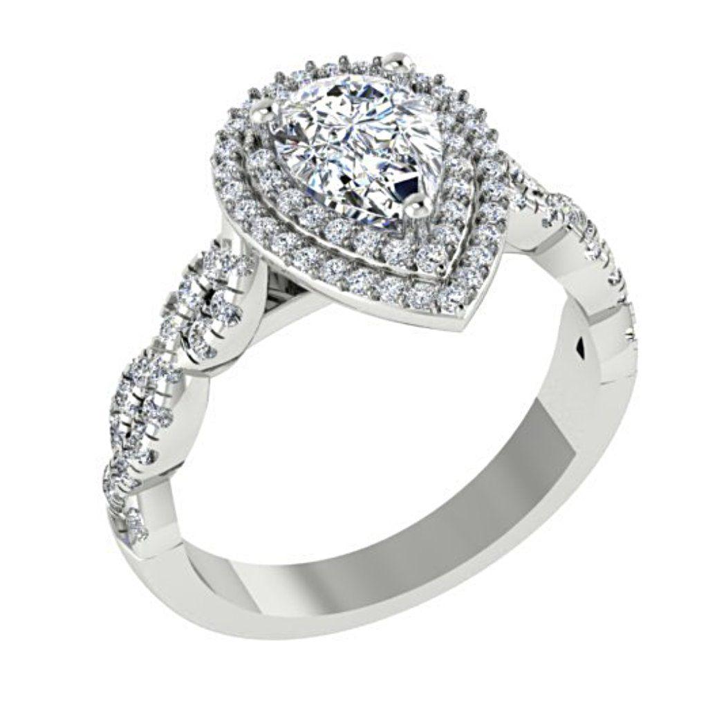 Pear Diamond Double Halo Engagement Ring 18K White Gold - Thenetjeweler