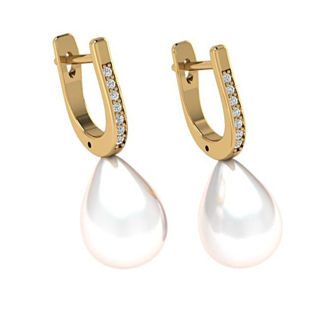 Cultured Pearl and Diamond Drop Earrings 14K Yellow Gold - Thenetjeweler