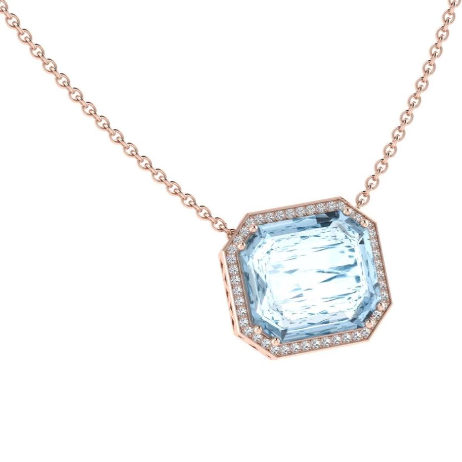 Aquamarine Emerald Cut Diamond Halo Pendant - Thenetjeweler