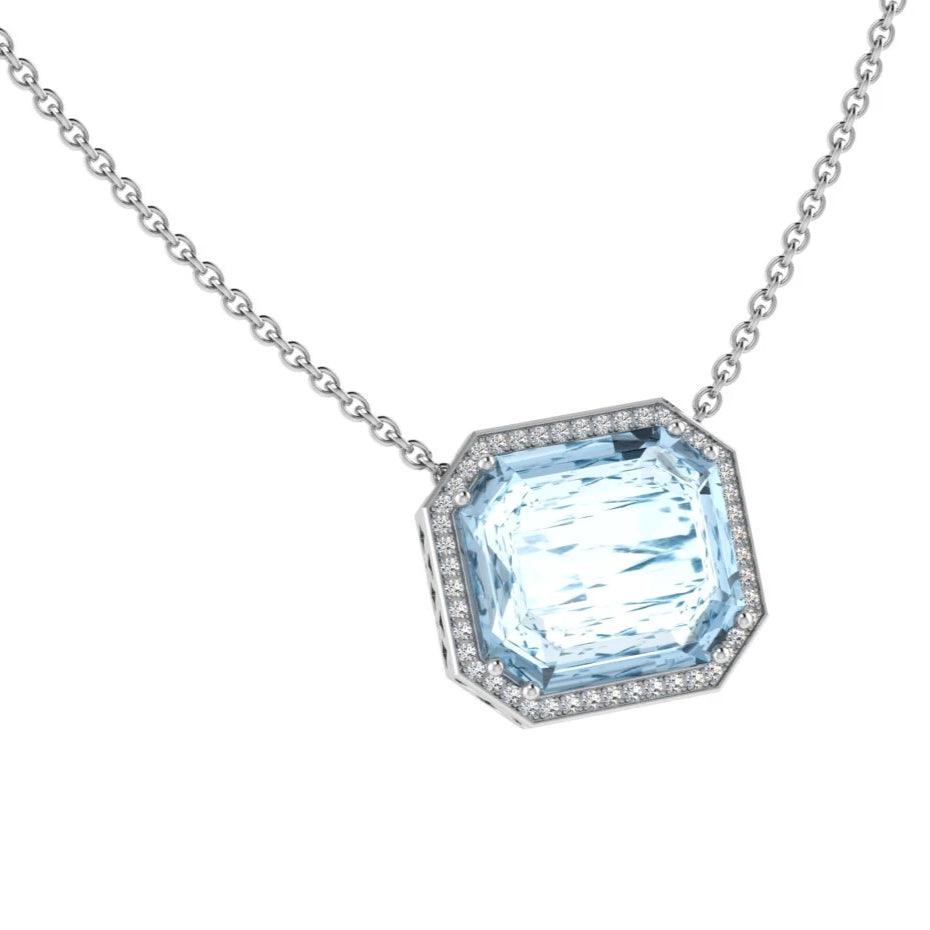 Aquamarine Emerald Cut Diamond Halo Pendant - Thenetjeweler
