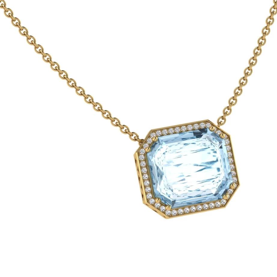 Aquamarine Emerald Cut Diamond Halo Pendant - Thenetjeweler