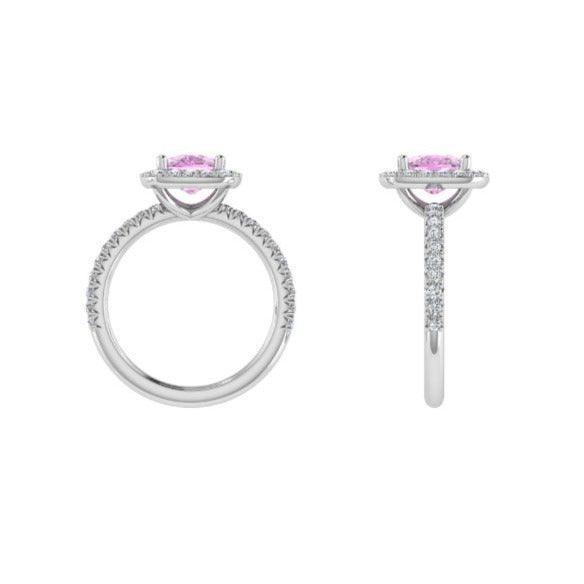 Pink Sapphire Diamond Cushion Halo Ring - Thenetjeweler