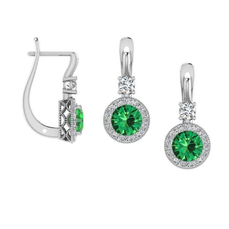 Round Emerald Drop Earrings with Diamond Halo - Thenetjeweler