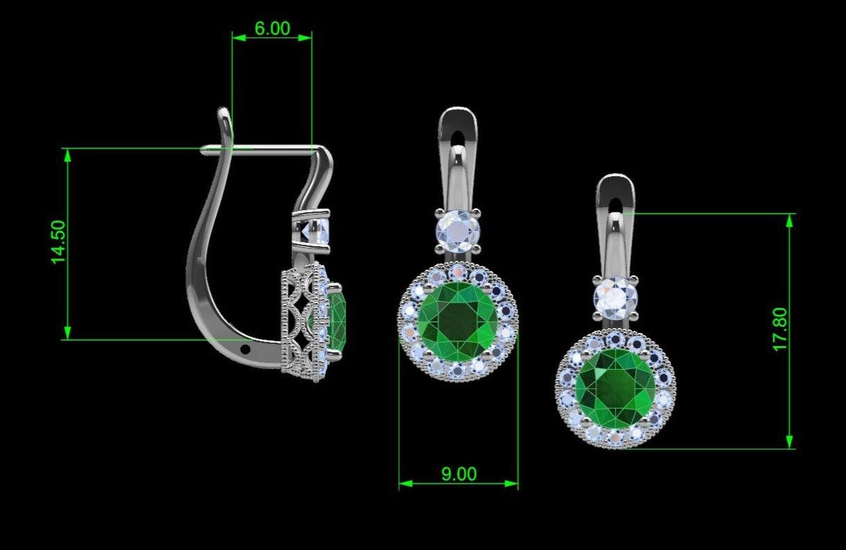 Round Emerald Drop Earrings with Diamond Halo - Thenetjeweler
