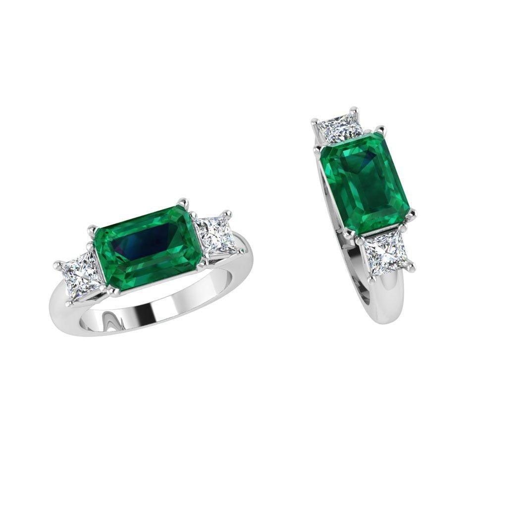 East West Emerald Three-Stone Diamond Ring - Thenetjeweler