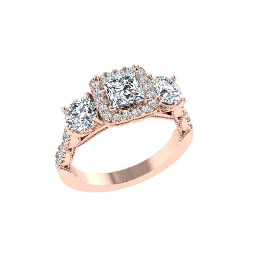 3 Stone Halo Diamond Engagement Ring - Thenetjeweler