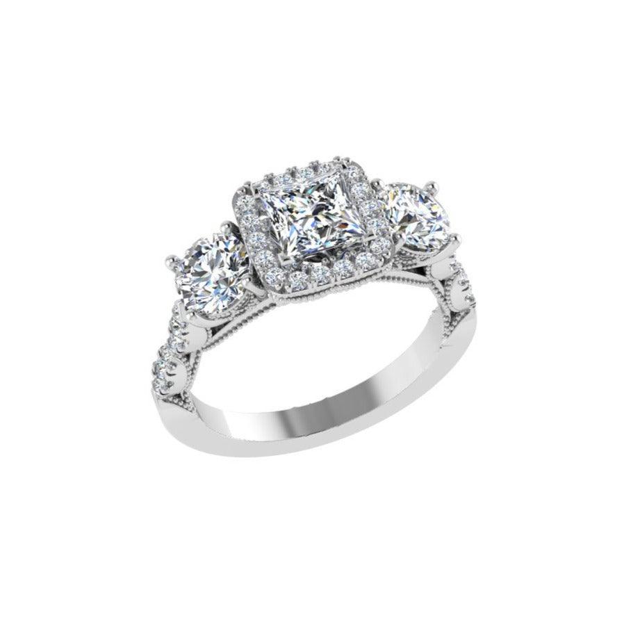 3 Stone Halo Diamond Engagement Ring - Thenetjeweler