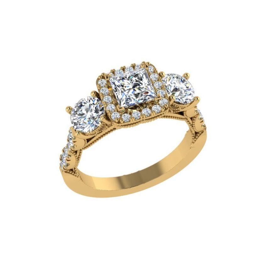 3 Stone Halo Diamond Engagement Ring - Thenetjeweler