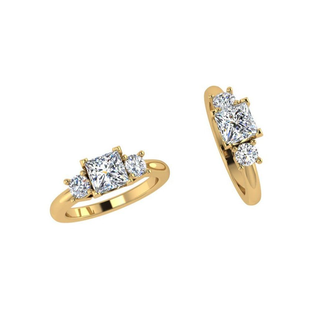 Three Stone Princess Diamond Engagement Ring 18K Gold - Thenetjeweler