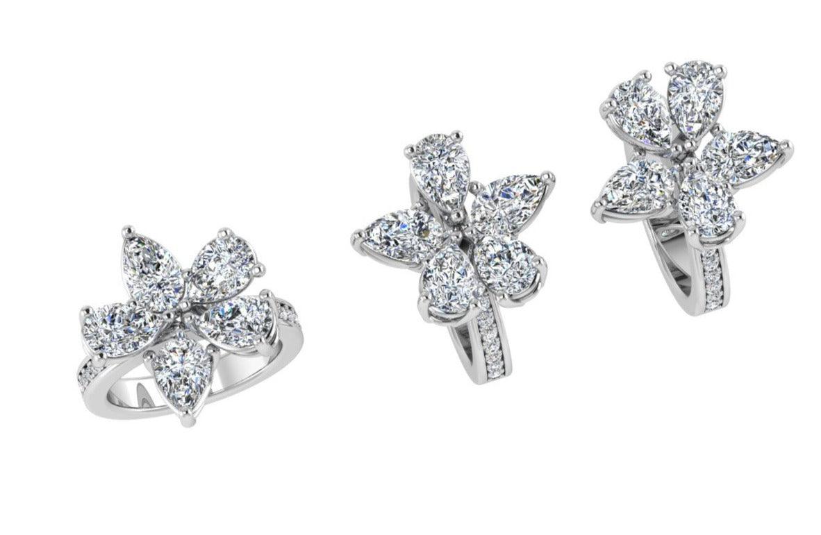 Pear Shape Diamond Flower Ring with Side Stones - Thenetjeweler