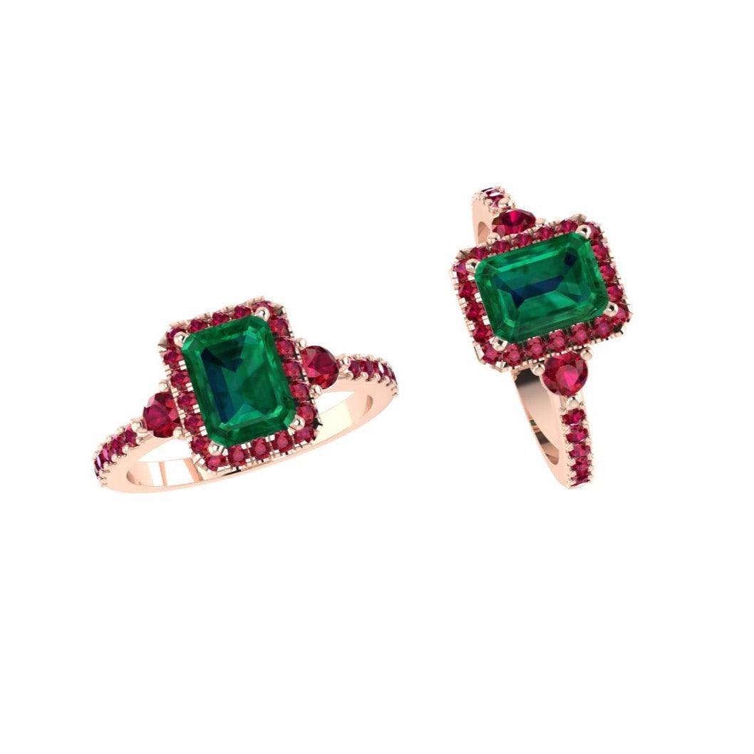 Emerald cut Emerald and Ruby Halo Ring - Thenetjeweler