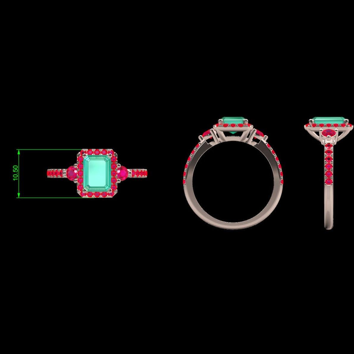 Emerald cut Emerald and Ruby Halo Ring - Thenetjeweler