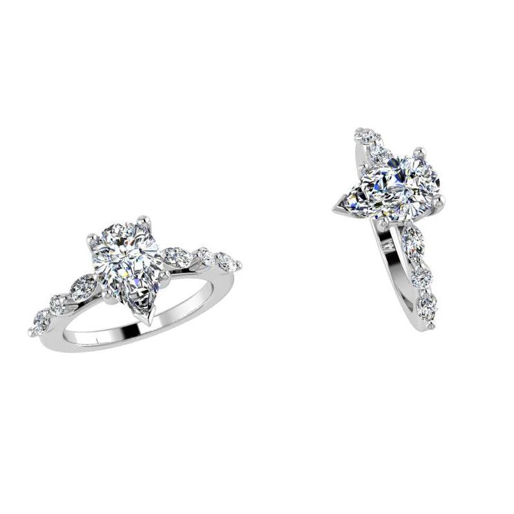 Pear Diamond Ring with Marquise and Round Side Stones - Thenetjeweler