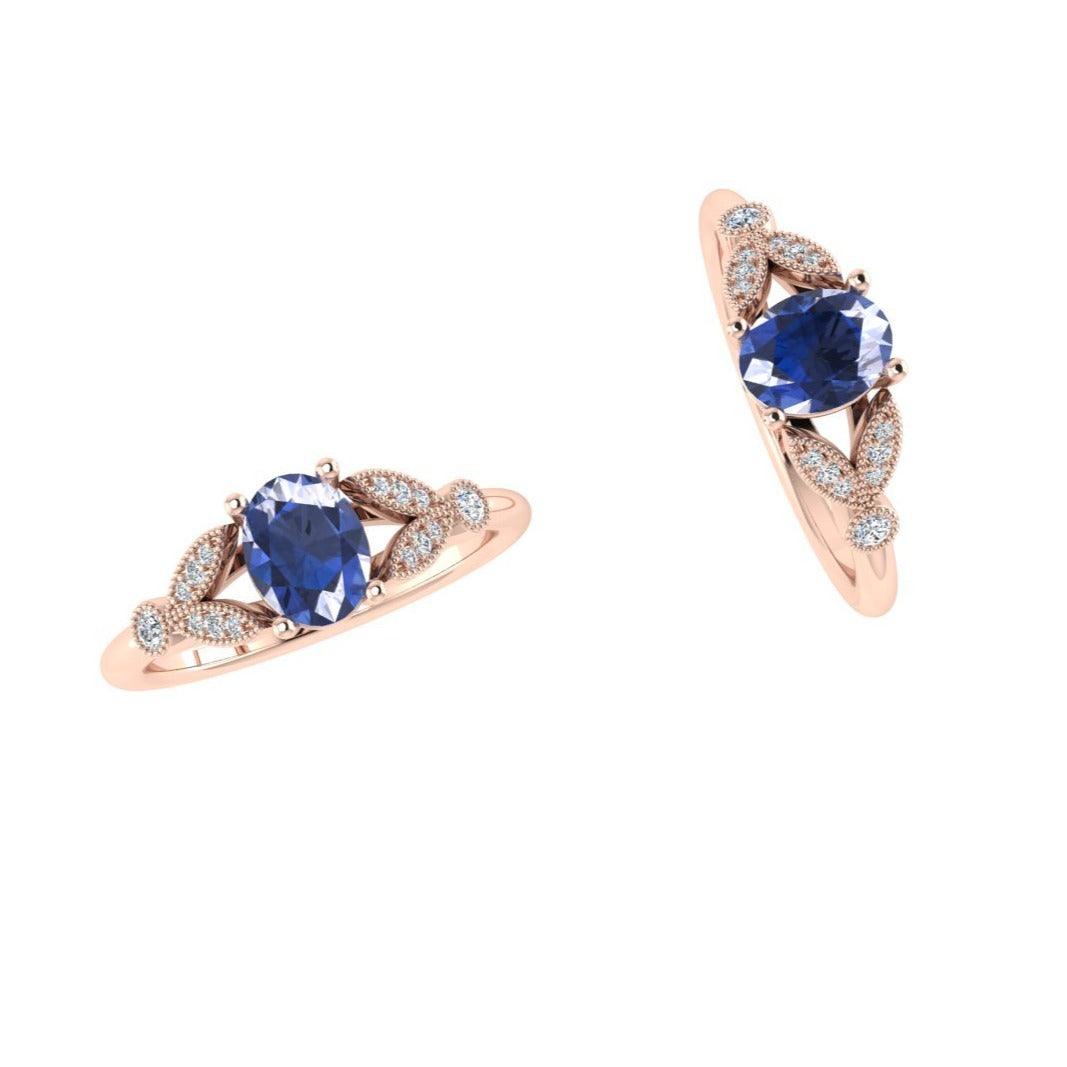 Oval Blue Topaz and Diamond Leaf Ring - Thenetjeweler
