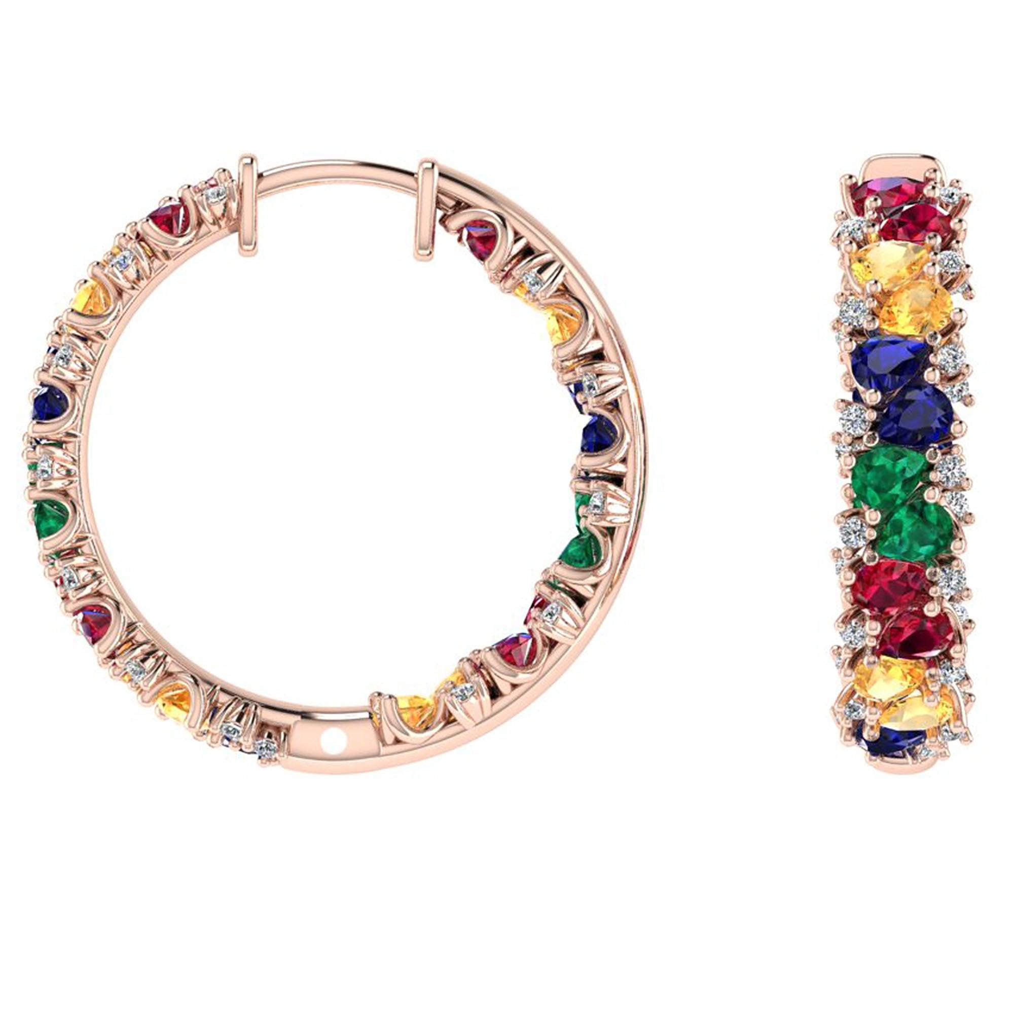 Multi Gemstone and Diamond Hoop Earrings 14K Rose Gold - Thenetjeweler