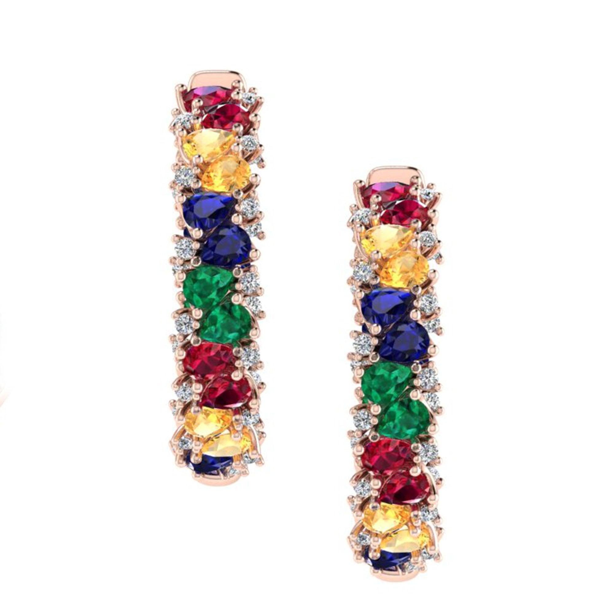 Multi Gemstone and Diamond Hoop Earrings 14K Rose Gold - Thenetjeweler