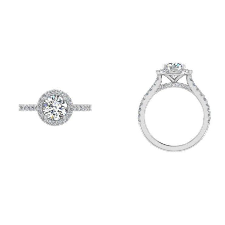 Round halo vintage style diamond bridge engagement ring setting