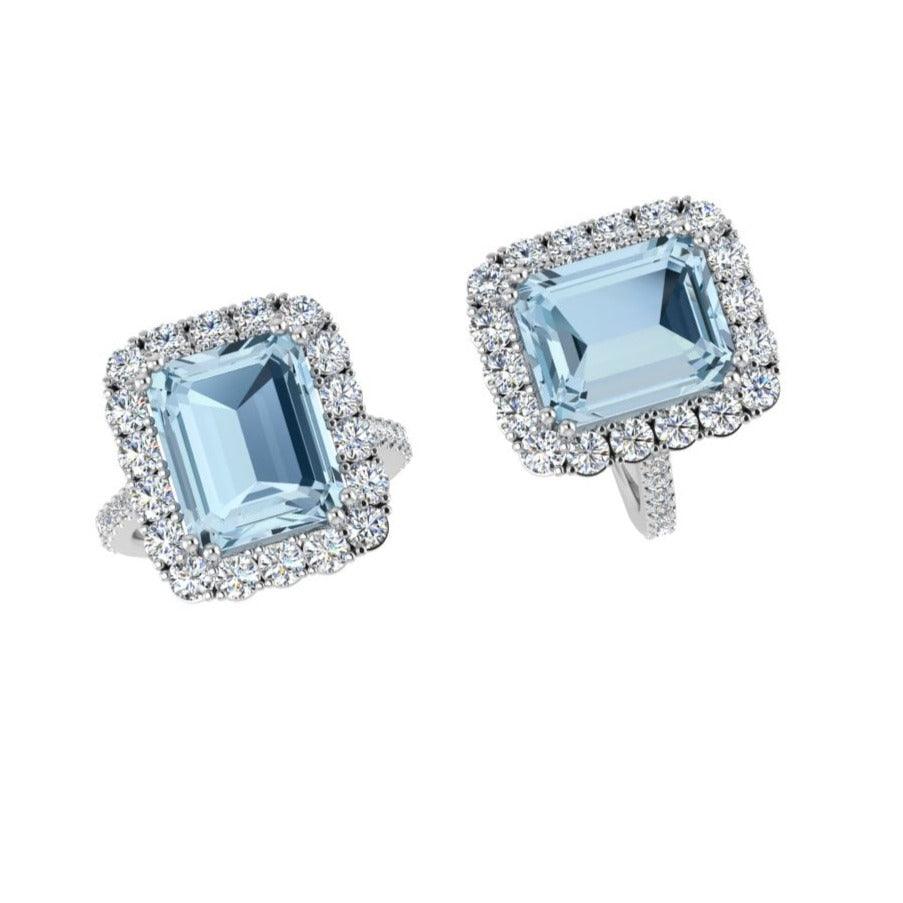 Aquamarine and Diamond Halo Ring 14K Gold - Thenetjeweler