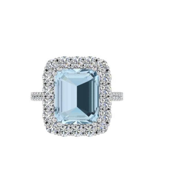 Aquamarine and Diamond Halo Ring 14K Gold - Thenetjeweler
