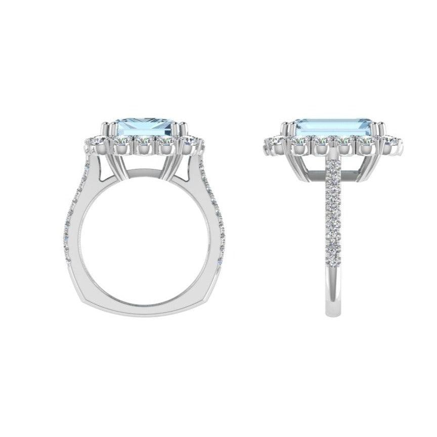 Aquamarine and Diamond Halo Ring 14K Gold - Thenetjeweler