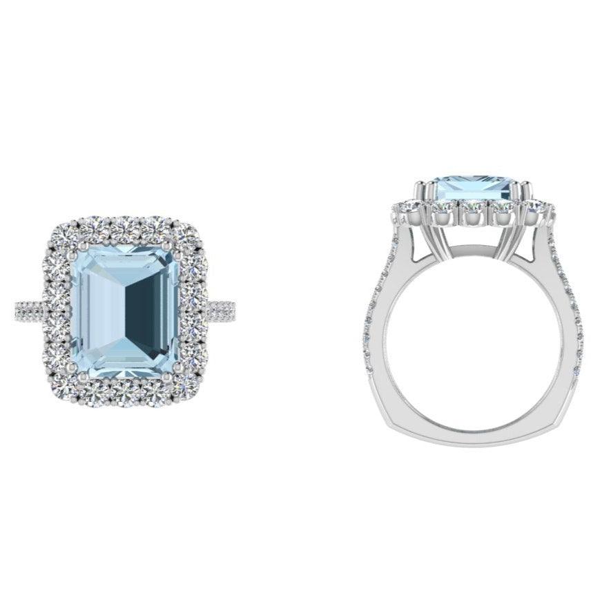 Aquamarine and Diamond Halo Ring 14K Gold - Thenetjeweler