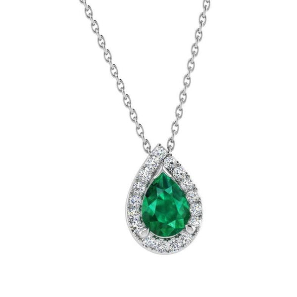 Pear Emerald and Diamond Halo Drop Necklace - Thenetjeweler