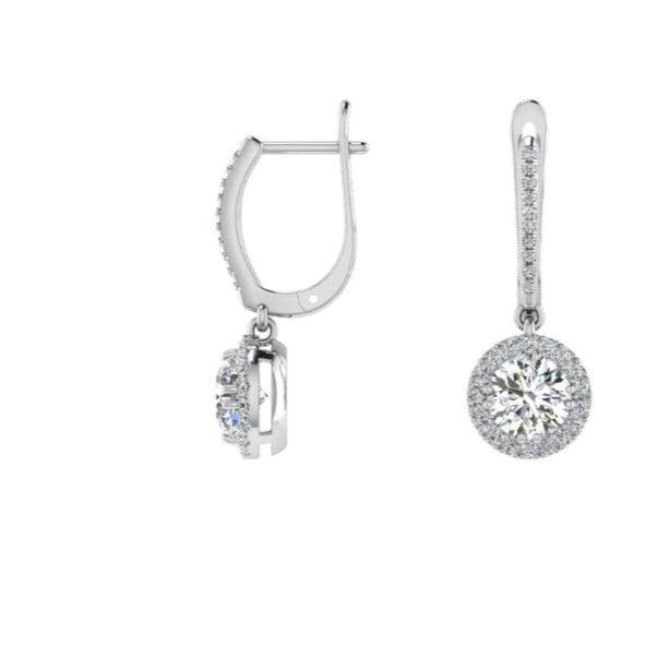 White Gold Diamond Halo Drop Earrings - Thenetjeweler