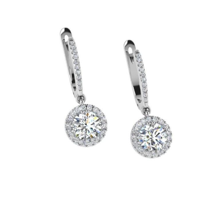 White Gold Diamond Halo Drop Earrings - Thenetjeweler