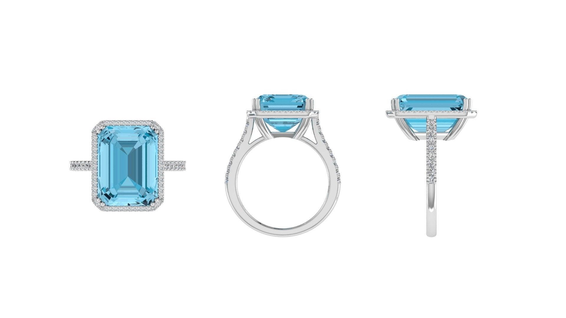 Emerald-Cut Blue Topaz Halo Ring - Thenetjeweler