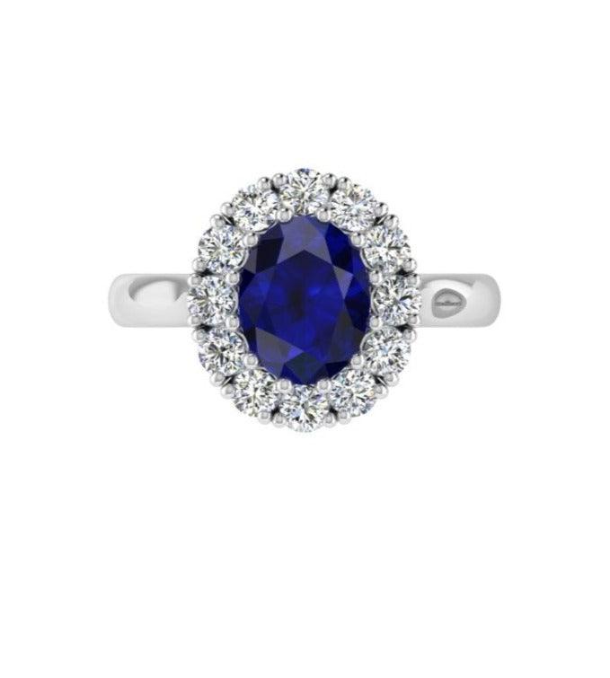 Lab-Grown Oval Sapphire Diamond Halo Ring 14K Gold - Thenetjeweler